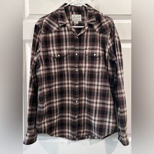 Banana Republic Western Button Down Pearl Snap Gray Plaid Shirt Men's Sz M Rodeo